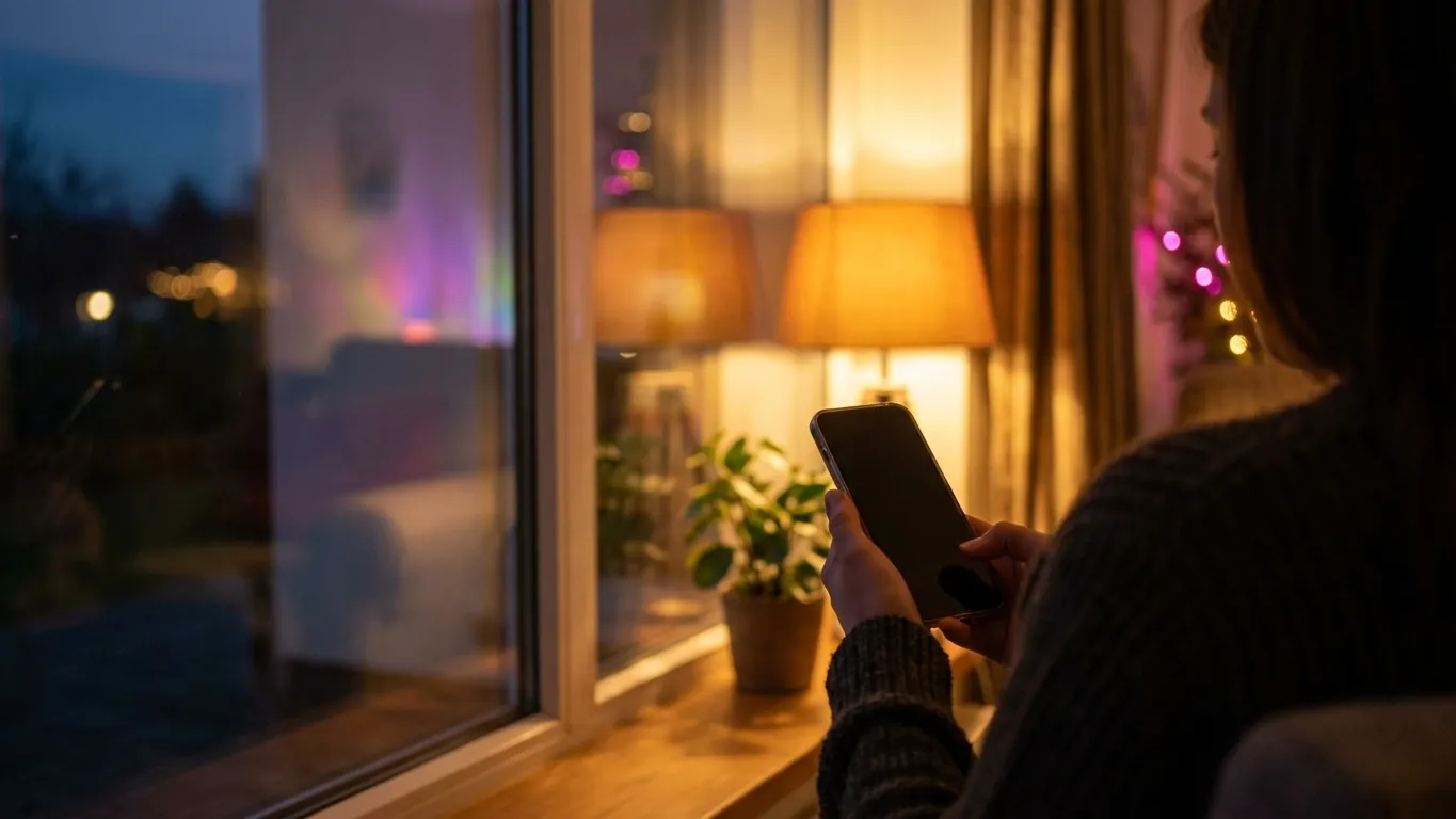 Osoba przy oknie trzymająca telefon w wieczornym świetle